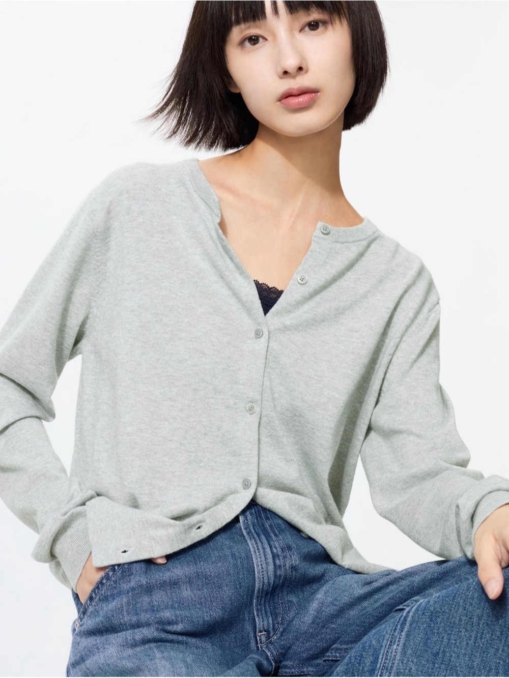 Uniqlo Light Gray Button-Front Knit Cardigan
